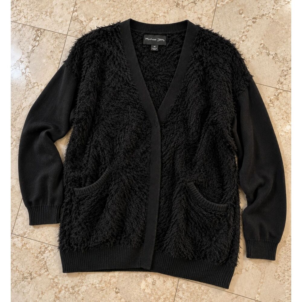 Michael Stars Womens L Black Eyelash Knit Cardigan Fuzzy Shaggy Snap Up Sweater